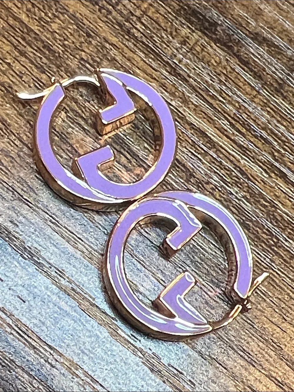 Gold-Tone Purple Enamel Hoop Earrings